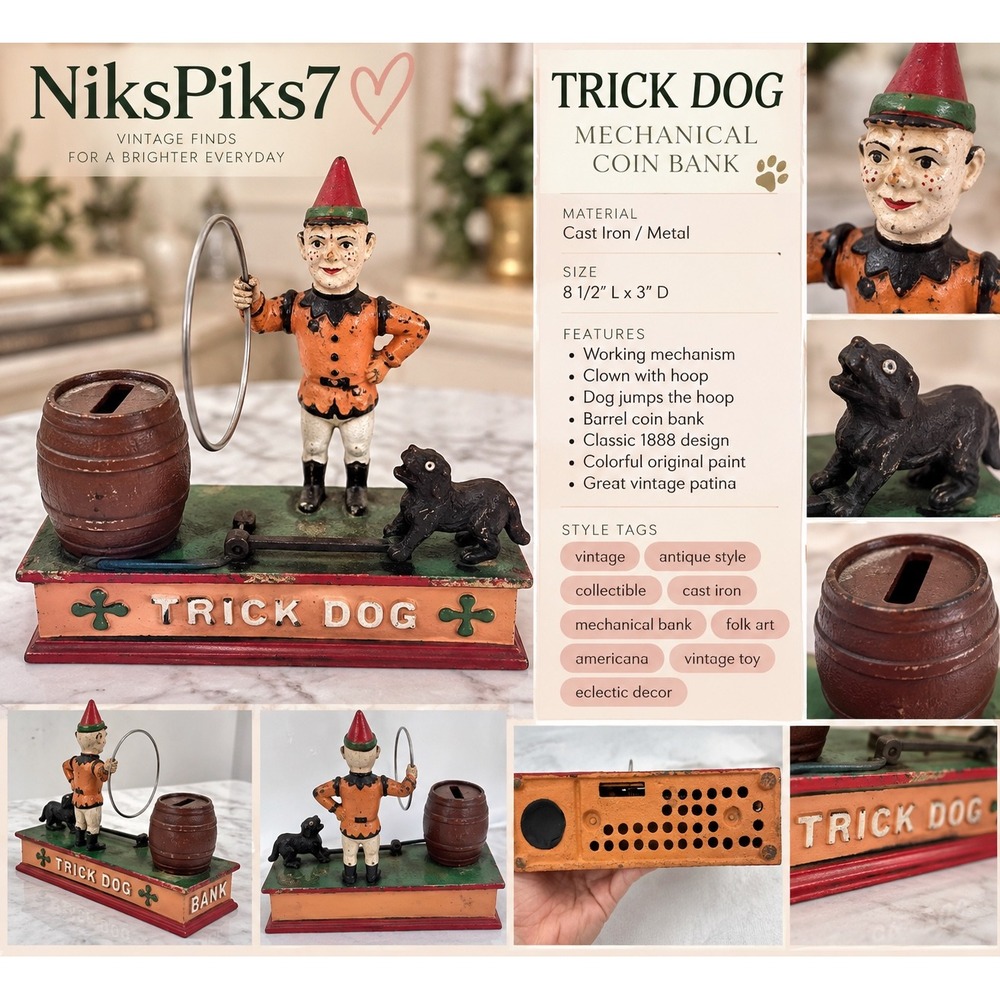 Vintage Cast Iron Trick Dog Mechanical Coin Bank Clown Hoop Barrel Working
